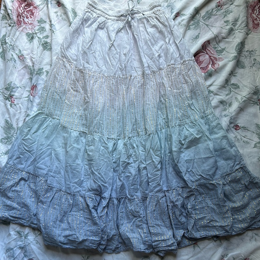 Sky blue ombré full maxi skirt, sparkly gold stripes, size small